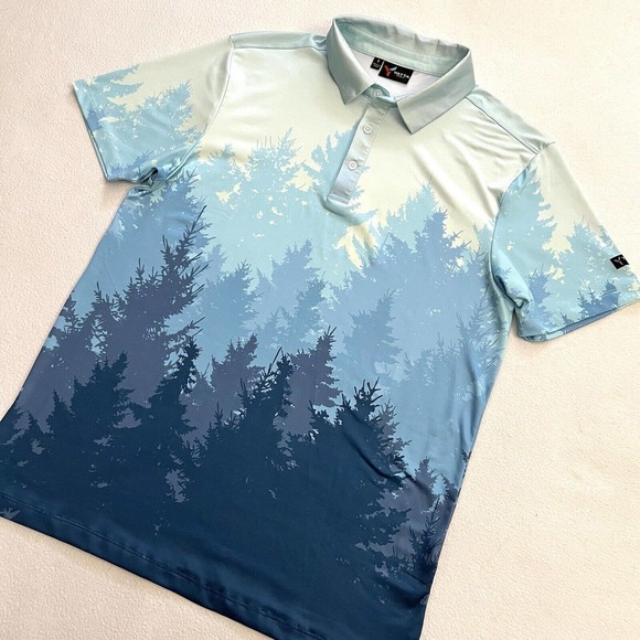 Yatta Men Blue Primal Forest Print Stretch Golf Standout Performance Polo S - Picture 2 of 7